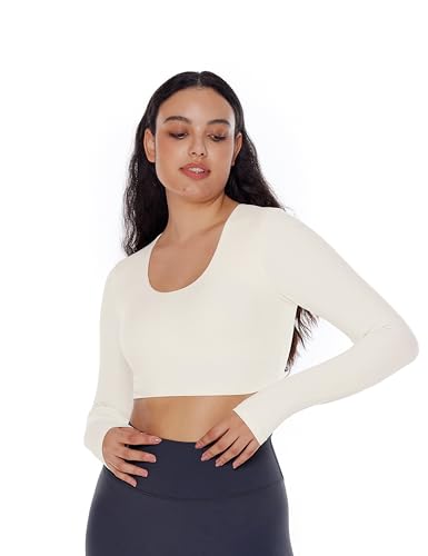 ENERBLOOM Long Sleeve Crop Tops for Women Workout Yoga Shirts Slim Fitted Cream Feeling U Neck Cropped Athletic Gym Tee Coffee Medium