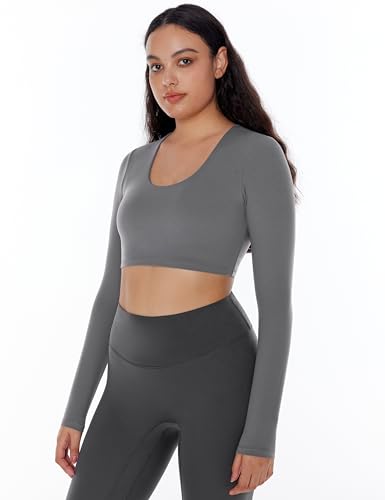 ENERBLOOM Long Sleeve Crop Tops for Women Workout Yoga Shirts Slim Fitted Cream Feeling U Neck Cropped Athletic Gym Tee Coffee Medium