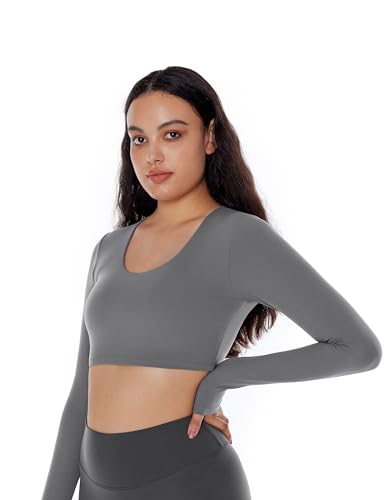 ENERBLOOM Long Sleeve Crop Tops for Women Workout Yoga Shirts Slim Fitted Cream Feeling U Neck Cropped Athletic Gym Tee Coffee Medium