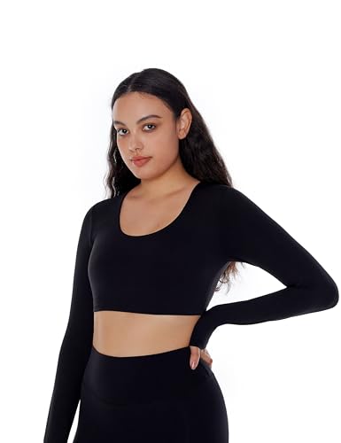 ENERBLOOM Long Sleeve Crop Tops for Women Workout Yoga Shirts Slim Fitted Cream Feeling U Neck Cropped Athletic Gym Tee Coffee Medium