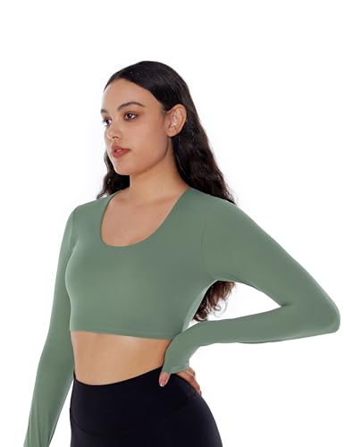 ENERBLOOM Long Sleeve Crop Tops for Women Workout Yoga Shirts Slim Fitted Cream Feeling U Neck Cropped Athletic Gym Tee Coffee Medium