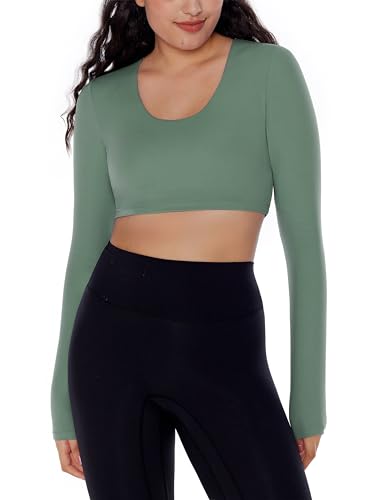 ENERBLOOM Long Sleeve Crop Tops for Women Workout Yoga Shirts Slim Fitted Cream Feeling U Neck Cropped Athletic Gym Tee Coffee Medium