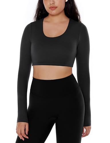 ENERBLOOM Long Sleeve Crop Tops for Women Workout Yoga Shirts Slim Fitted Cream Feeling U Neck Cropped Athletic Gym Tee Coffee Medium