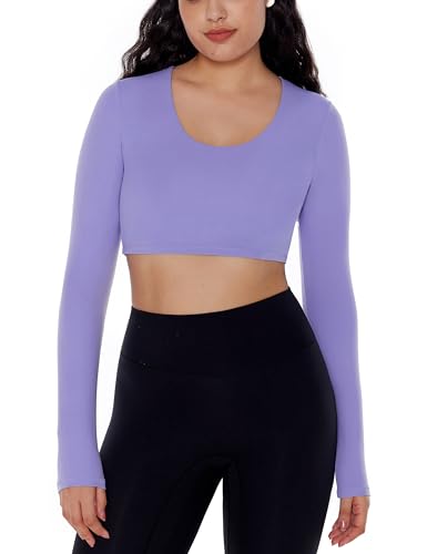 ENERBLOOM Long Sleeve Crop Tops for Women Workout Yoga Shirts Slim Fitted Cream Feeling U Neck Cropped Athletic Gym Tee Coffee Medium