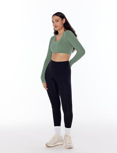 ENERBLOOM Long Sleeve Crop Tops for Women Workout Yoga Shirts Slim Fitted Cream Feeling U Neck Cropped Athletic Gym Tee Coffee Medium