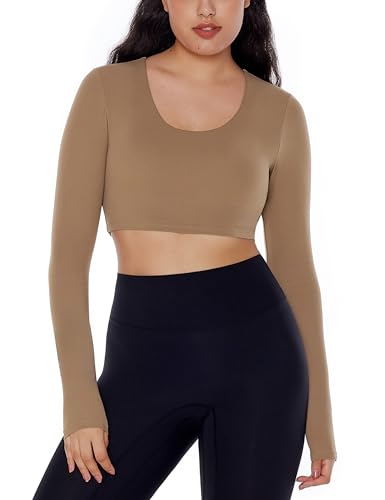 ENERBLOOM Long Sleeve Crop Tops for Women Workout Yoga Shirts Slim Fitted Cream Feeling U Neck Cropped Athletic Gym Tee Coffee Medium