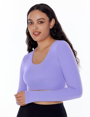 ENERBLOOM Long Sleeve Crop Tops for Women Workout Yoga Shirts Slim Fitted Cream Feeling U Neck Cropped Athletic Gym Tee Coffee Medium