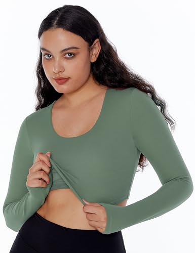 ENERBLOOM Long Sleeve Crop Tops for Women Workout Yoga Shirts Slim Fitted Cream Feeling U Neck Cropped Athletic Gym Tee Coffee Medium