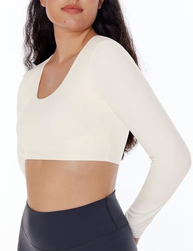 ENERBLOOM Long Sleeve Crop Tops for Women Workout Yoga Shirts Slim Fitted Cream Feeling U Neck Cropped Athletic Gym Tee Coffee Medium