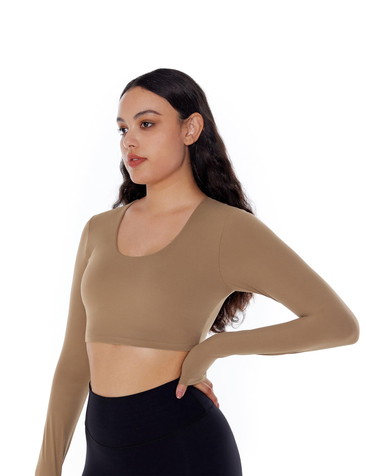 ENERBLOOM Long Sleeve Crop Tops for Women Workout Yoga Shirts Slim Fitted Cream Feeling U Neck Cropped Athletic Gym Tee Coffee Medium