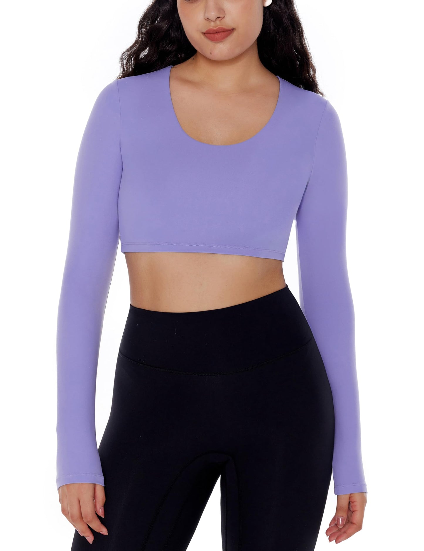 ENERBLOOM Long Sleeve Crop Tops for Women Workout Yoga Shirts Slim Fitted Cream Feeling U Neck Cropped Athletic Gym Tee Coffee Medium