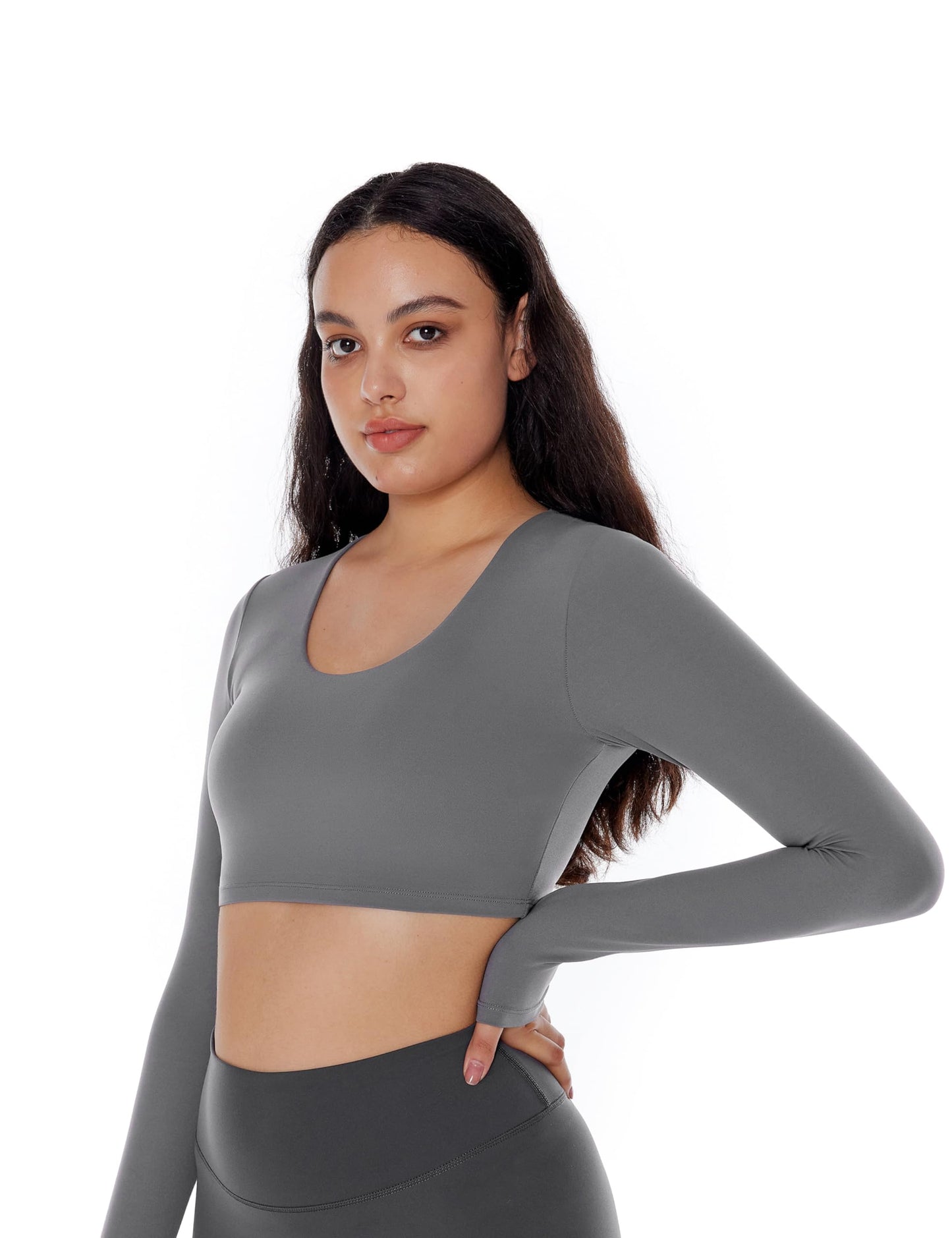 ENERBLOOM Long Sleeve Crop Tops for Women Workout Yoga Shirts Slim Fitted Cream Feeling U Neck Cropped Athletic Gym Tee Coffee Medium