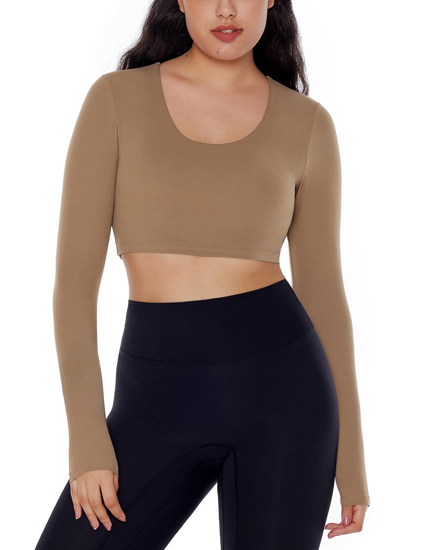 ENERBLOOM Long Sleeve Crop Tops for Women Workout Yoga Shirts Slim Fitted Cream Feeling U Neck Cropped Athletic Gym Tee Coffee Medium